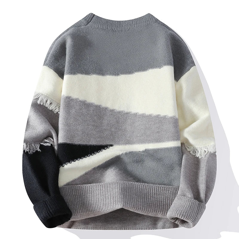Patchwork Fringe Knit Pullover | Round Neck Sweater