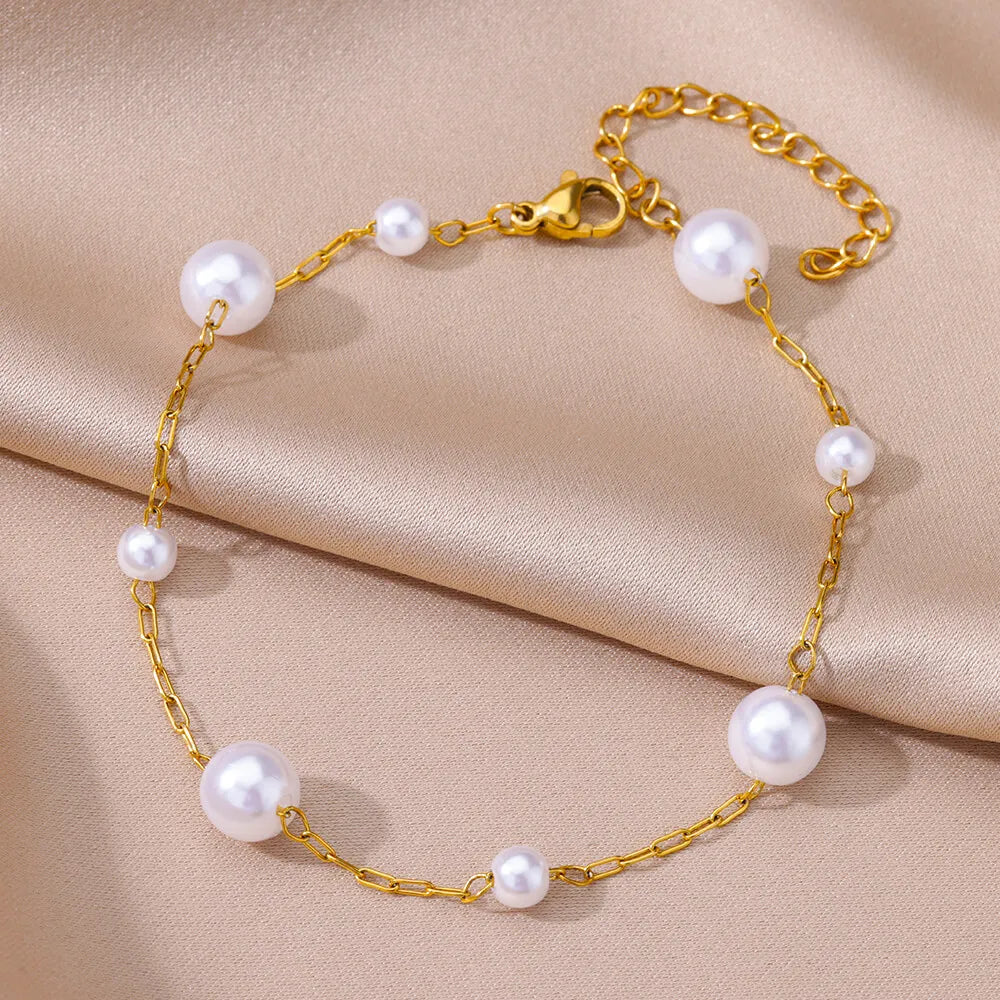 Gold Pearl Chain Anklet – Stainless Steel Beach Bodychain