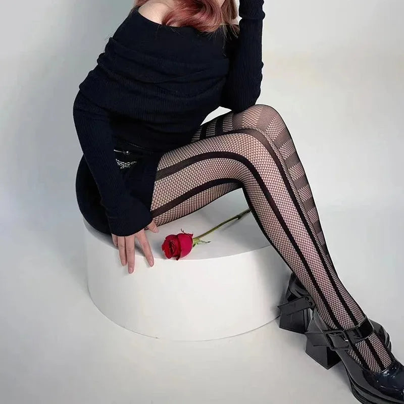 Stripe Asymmetric Gothic Fishnet Pantyhose Lace Tights