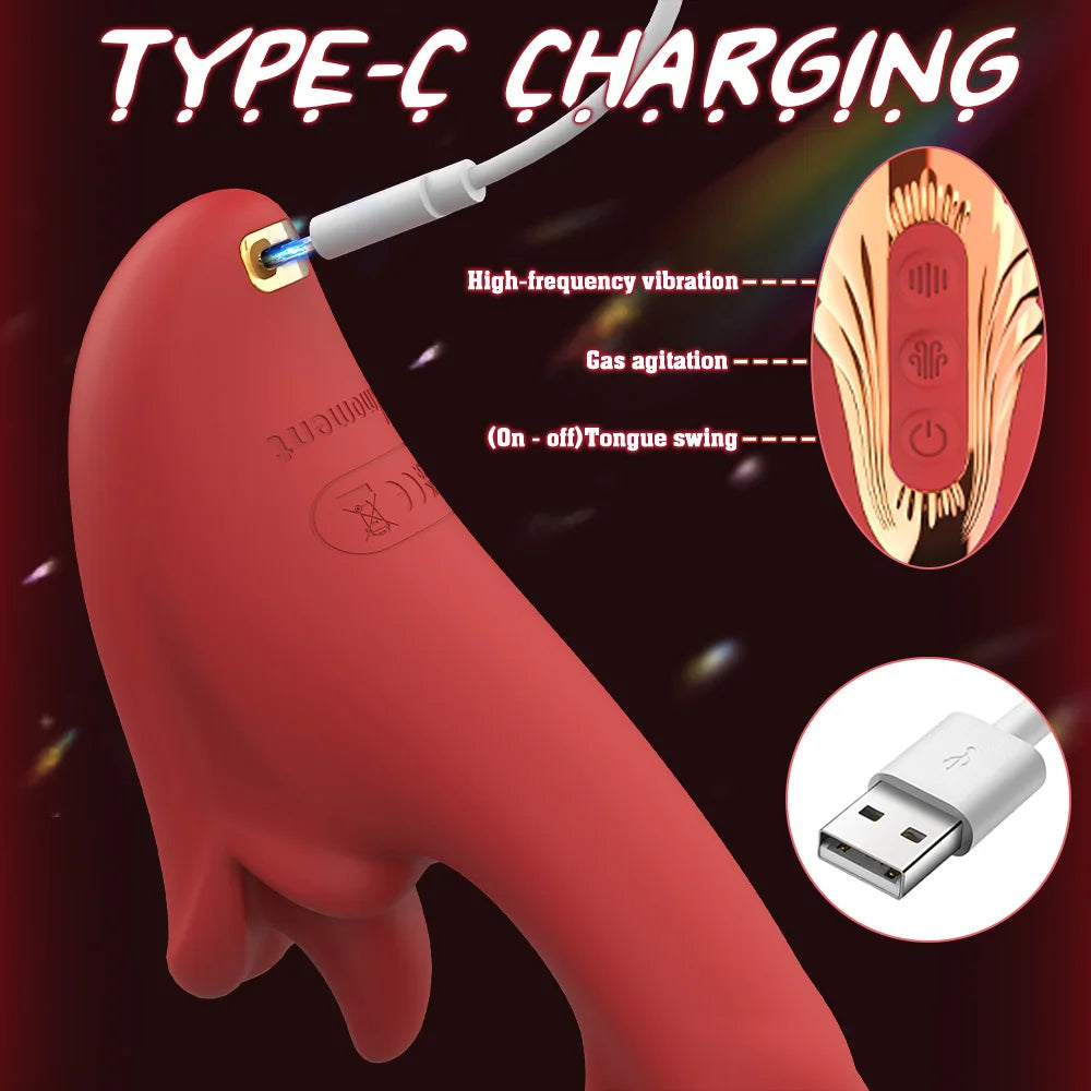 Red device with USB Type-C charging cable and close-up of internal components on a dark background.
