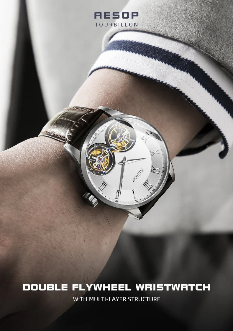 Double Tourbillon Manual Mechanical Watch 40H Power Reserve Sapphire Crystal Watch