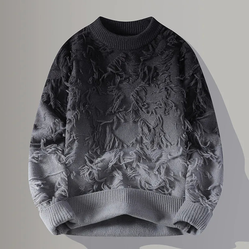 Dark gray textured sweater on a light gray background
