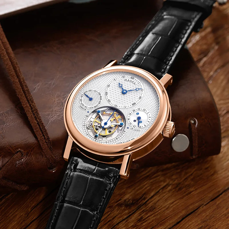 18K Solid Gold Luxury Tourbillon Watch for Men Multi-layered Textured Dial Manual Mechanical Watch Sapphire Business K009