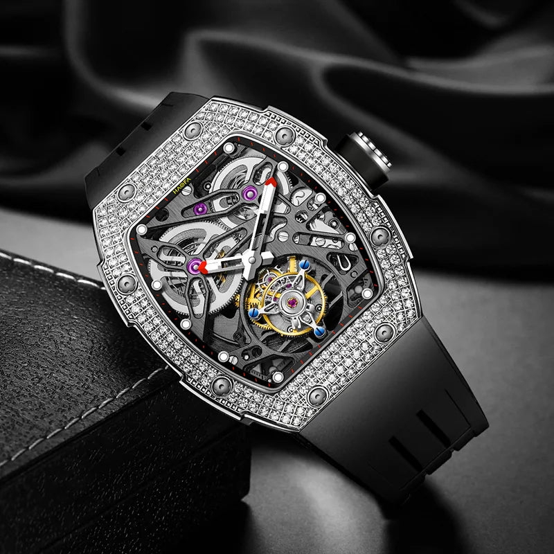 Haofa 1901 Skeleton Automatic Tourbillon Movement Watch For Men Luxury Diamond Case Mechanical Tourbillon Sapphire Mens Watch
