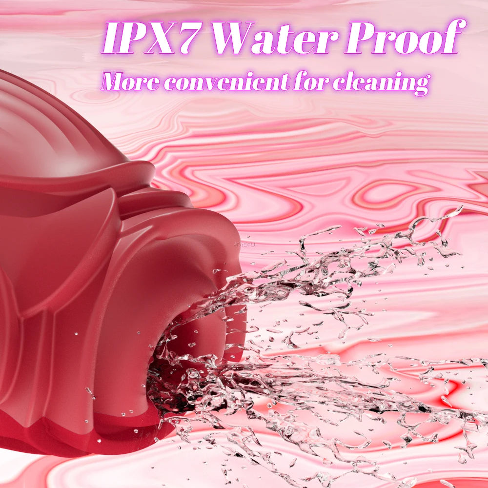 Pink water-proof product with water splashing around it on a pink and white marbled background.