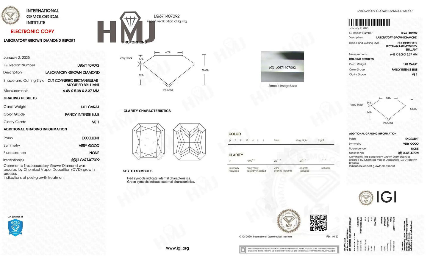 A laboratory gemstone report card from the International Gemological Institute (IGI) and HMJ, detailing specifications, measurements, and clarity characteristics for a lab-grown diamond.