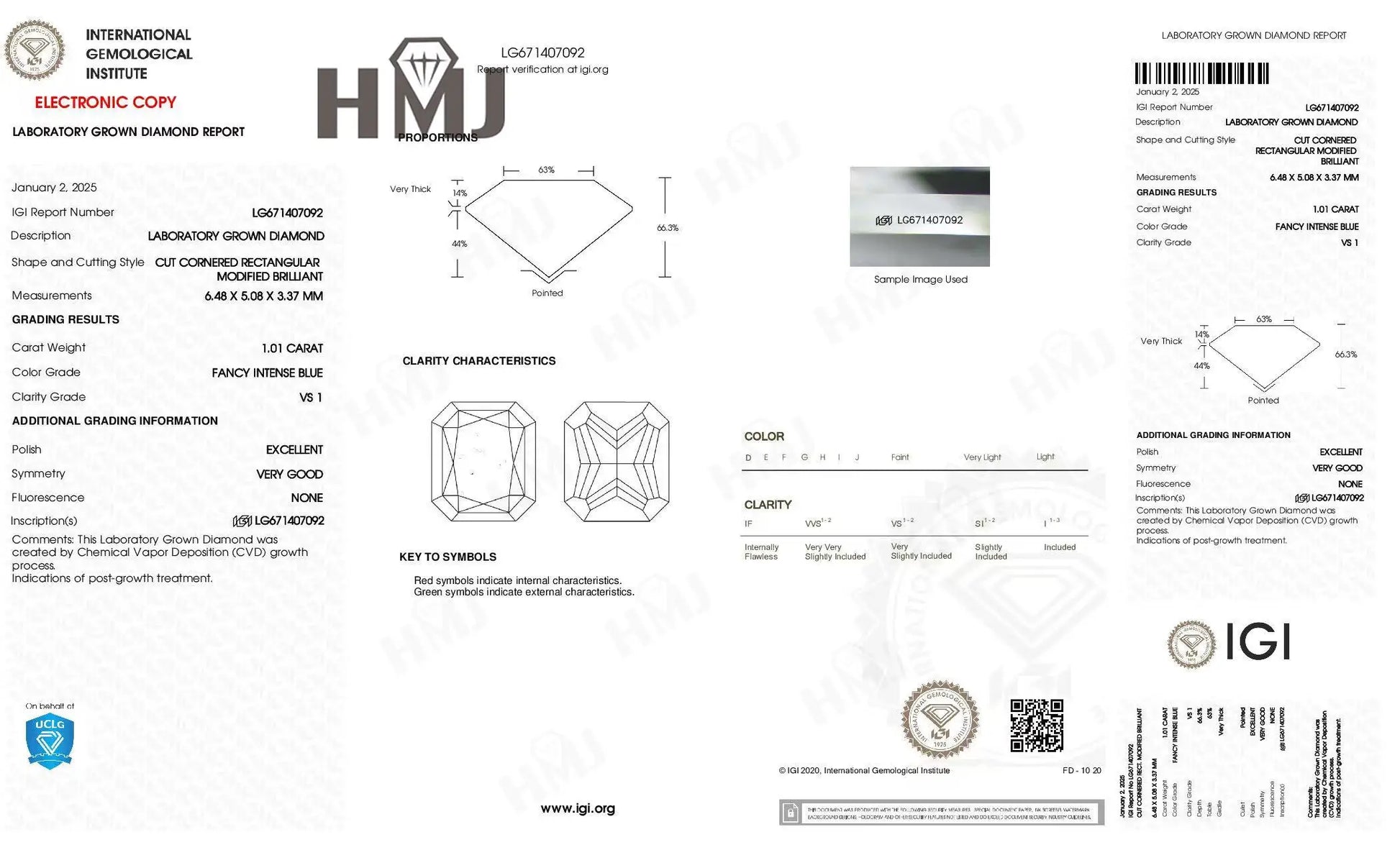 A laboratory gemstone report card from the International Gemological Institute (IGI) and HMJ, detailing specifications, measurements, and clarity characteristics for a lab-grown diamond.
