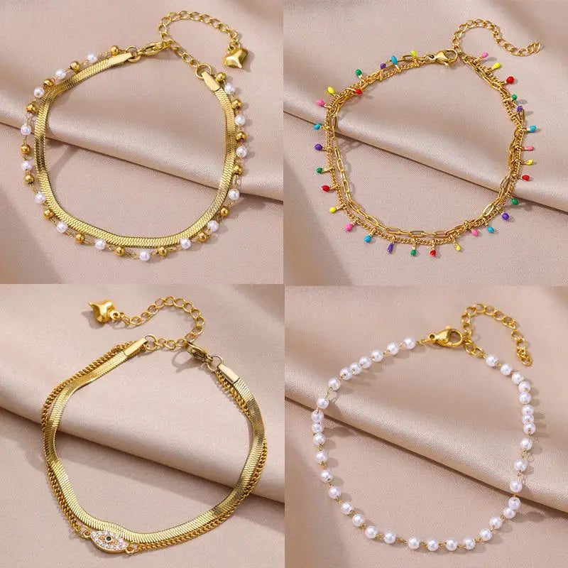 Gold Pearl Chain Anklet – Stainless Steel Beach Bodychain
