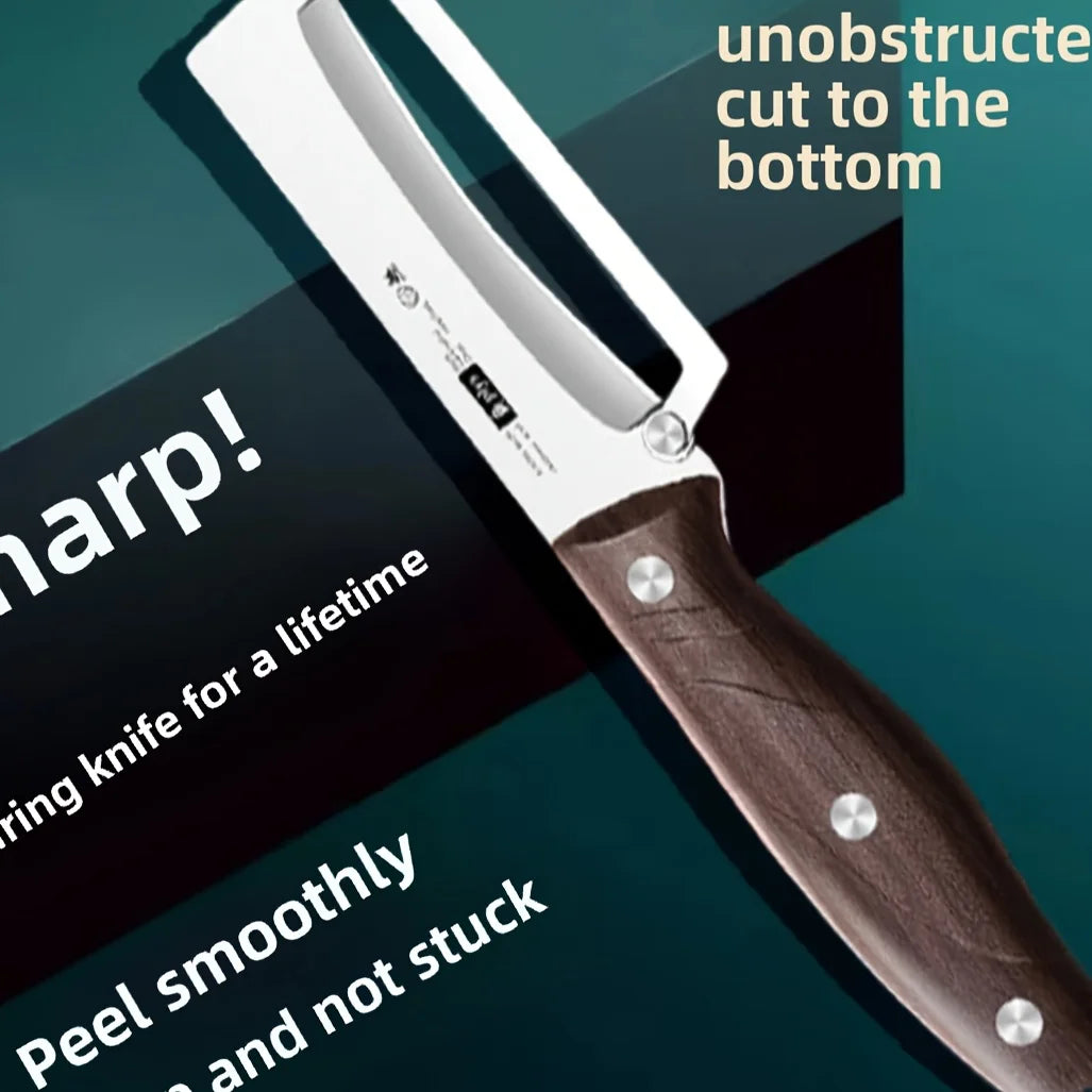 Knife with brown handle and silver blade on a dark background with promotional text.