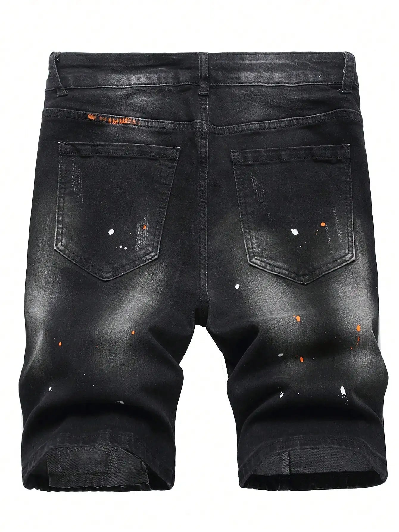 Black distressed denim shorts on a white background