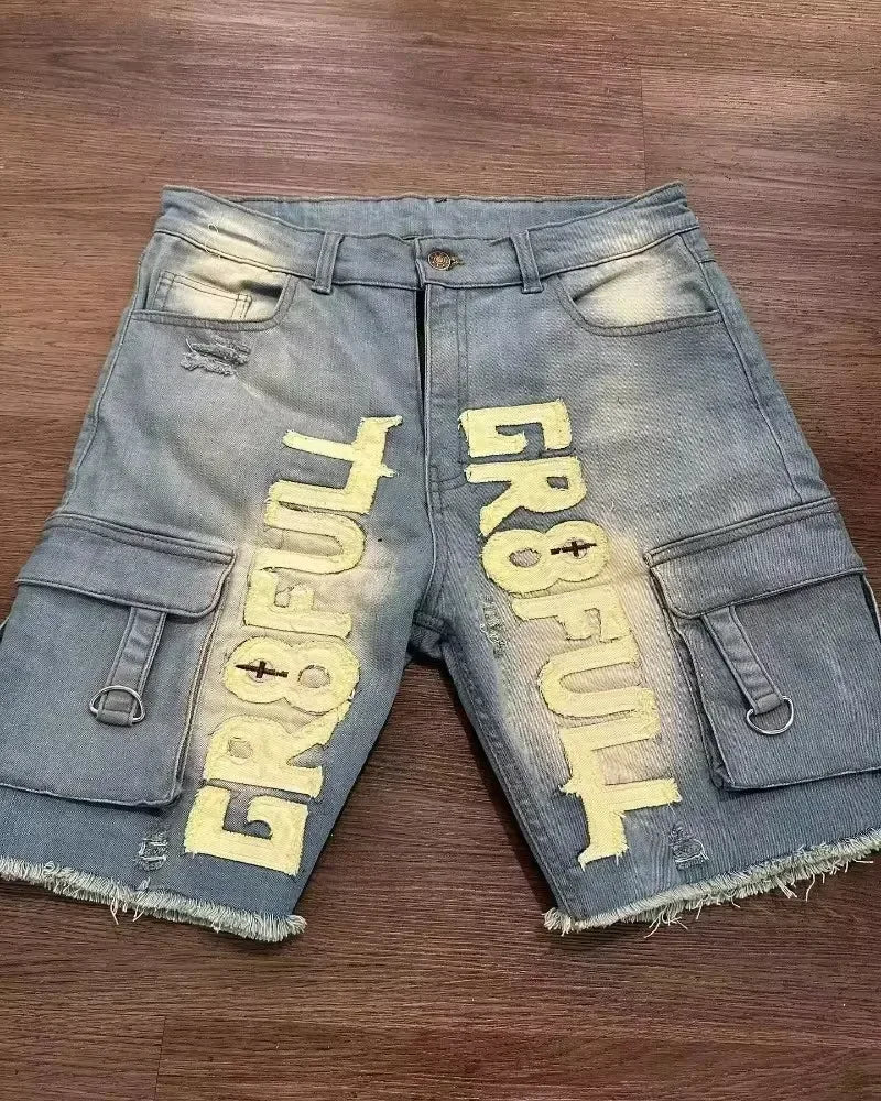 Gothic Embroidery Denim Shorts Mens Jean Shorts