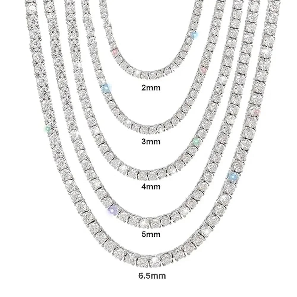 Five silver-toned tennis-style chains labeled 2mm, 3mm, 4mm, 5mm, and 6.5mm, shown on a plain white background to compare chain thicknesses.