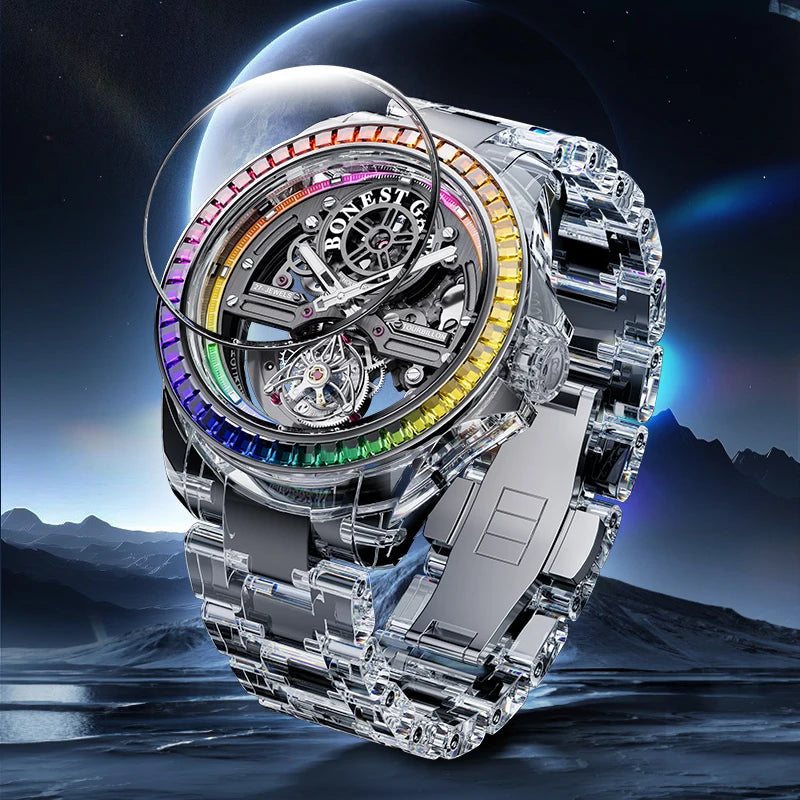 Luxury watch with transparent case and rainbow-colored bezel against a mountain and lake background