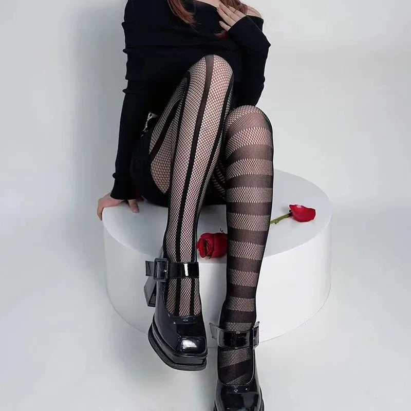 Stripe Asymmetric Gothic Fishnet Pantyhose Lace Tights