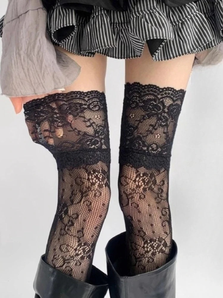 Women's Lace Trim Fishnet Thigh High Socks Over Knee