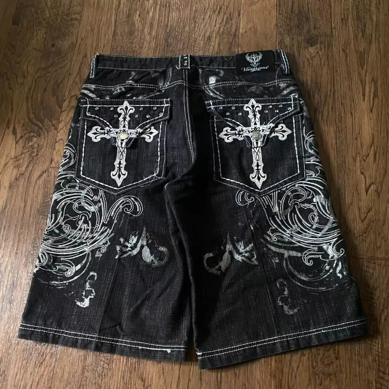 Gothic Embroidery Denim Shorts Mens Jean Shorts