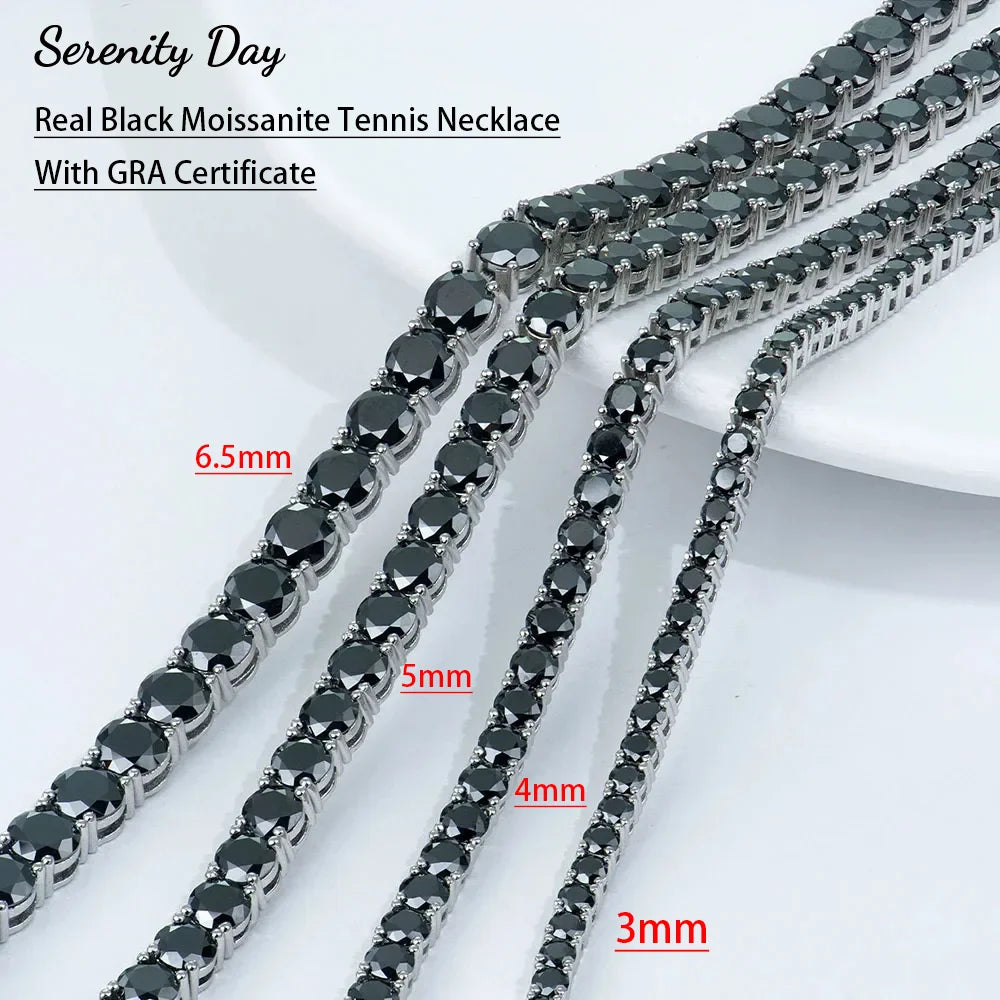 Black moissanite tennis necklace with different width options on a white background