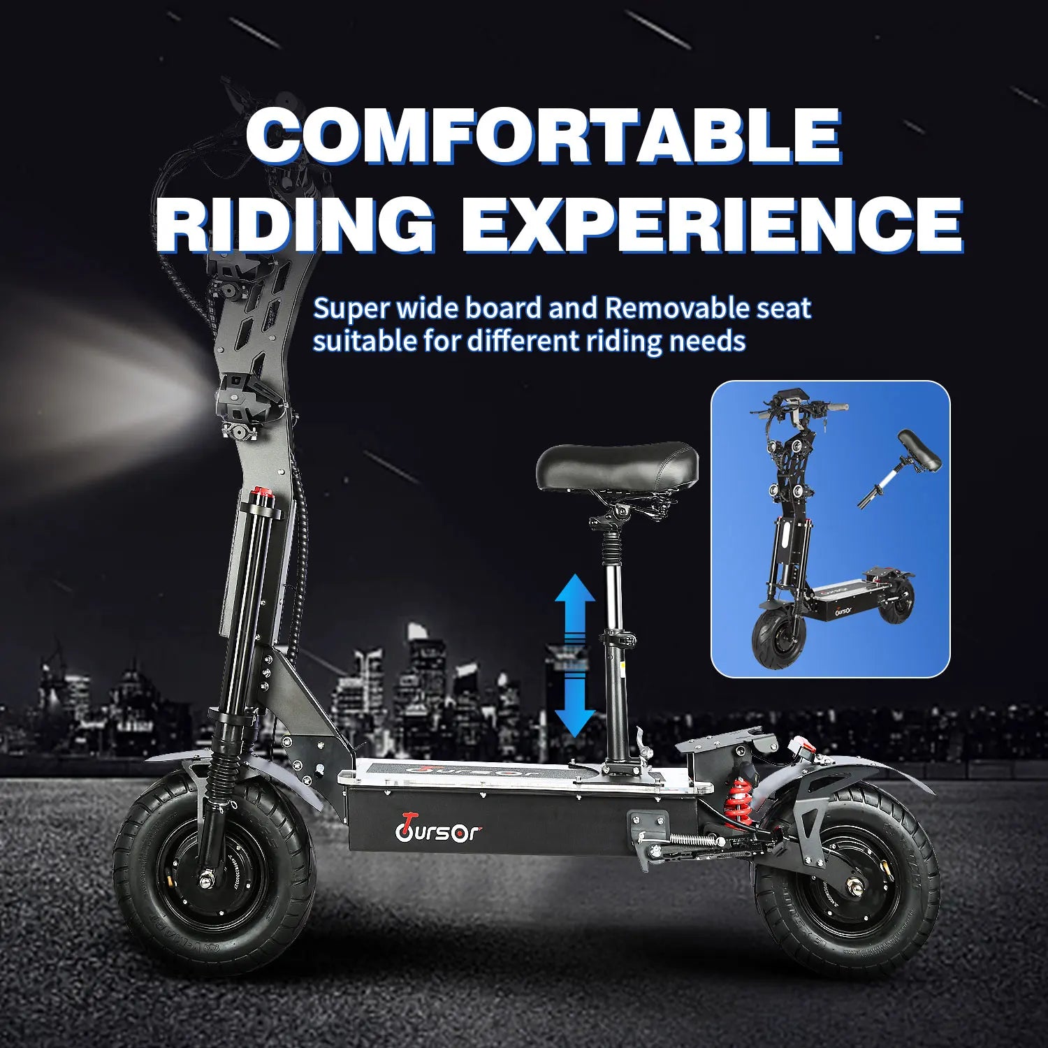 Electric scooter with adjustable seat feature on a dark background