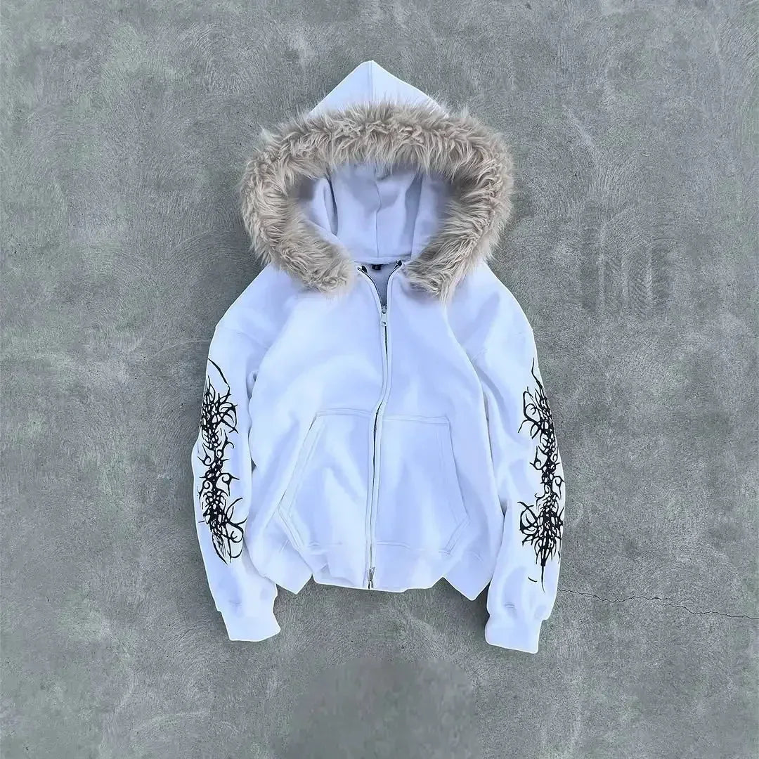 Fur Collar Zip Cardigan Sweatshirt Loose Fleece Outerwear