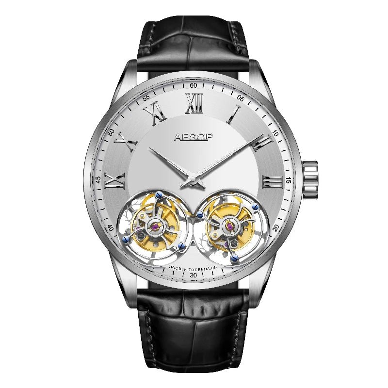 Double Tourbillon Manual Mechanical Watch 40H Power Reserve Sapphire Crystal Watch