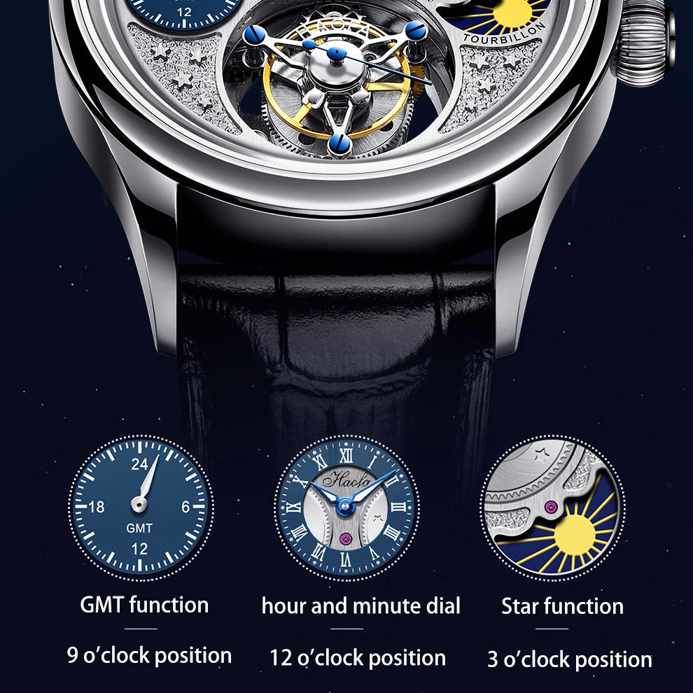Haofa GMT Flying Tourbillon Men's Watch – Sapphire Crystal | Dual Time Zone Luxury