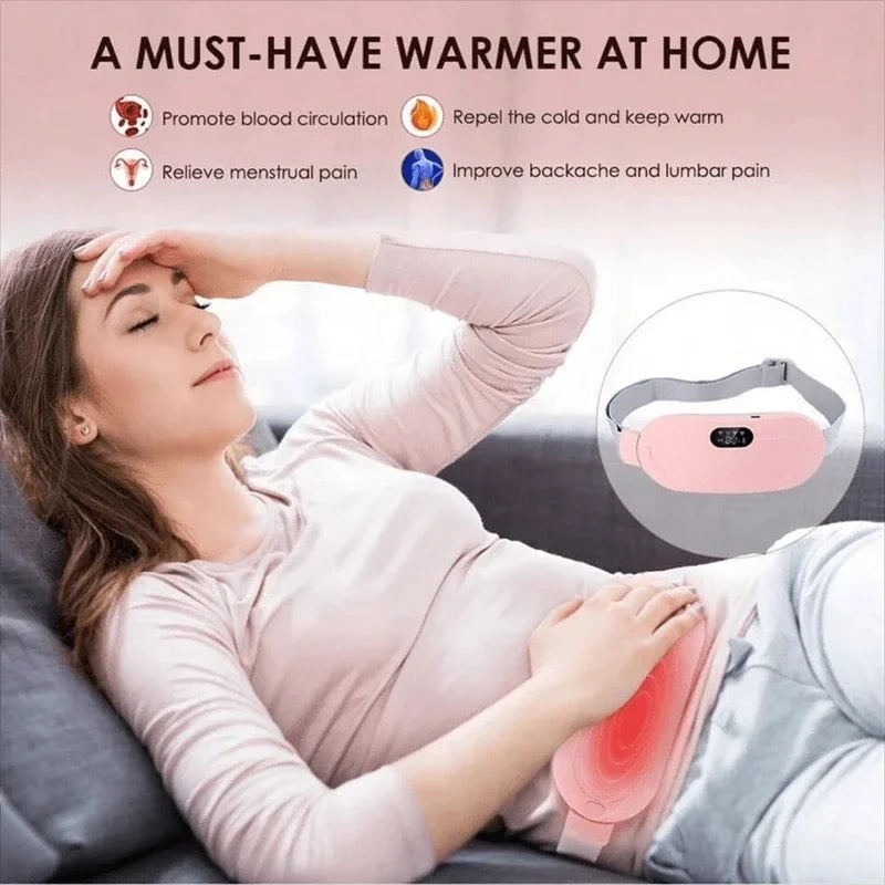 Woman using a heating pad with text highlighting its benefits on a pink background