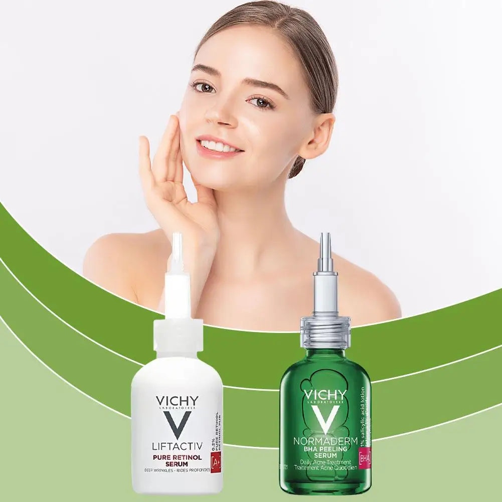 Vichy skincare products with a woman touching her face on a green and white background