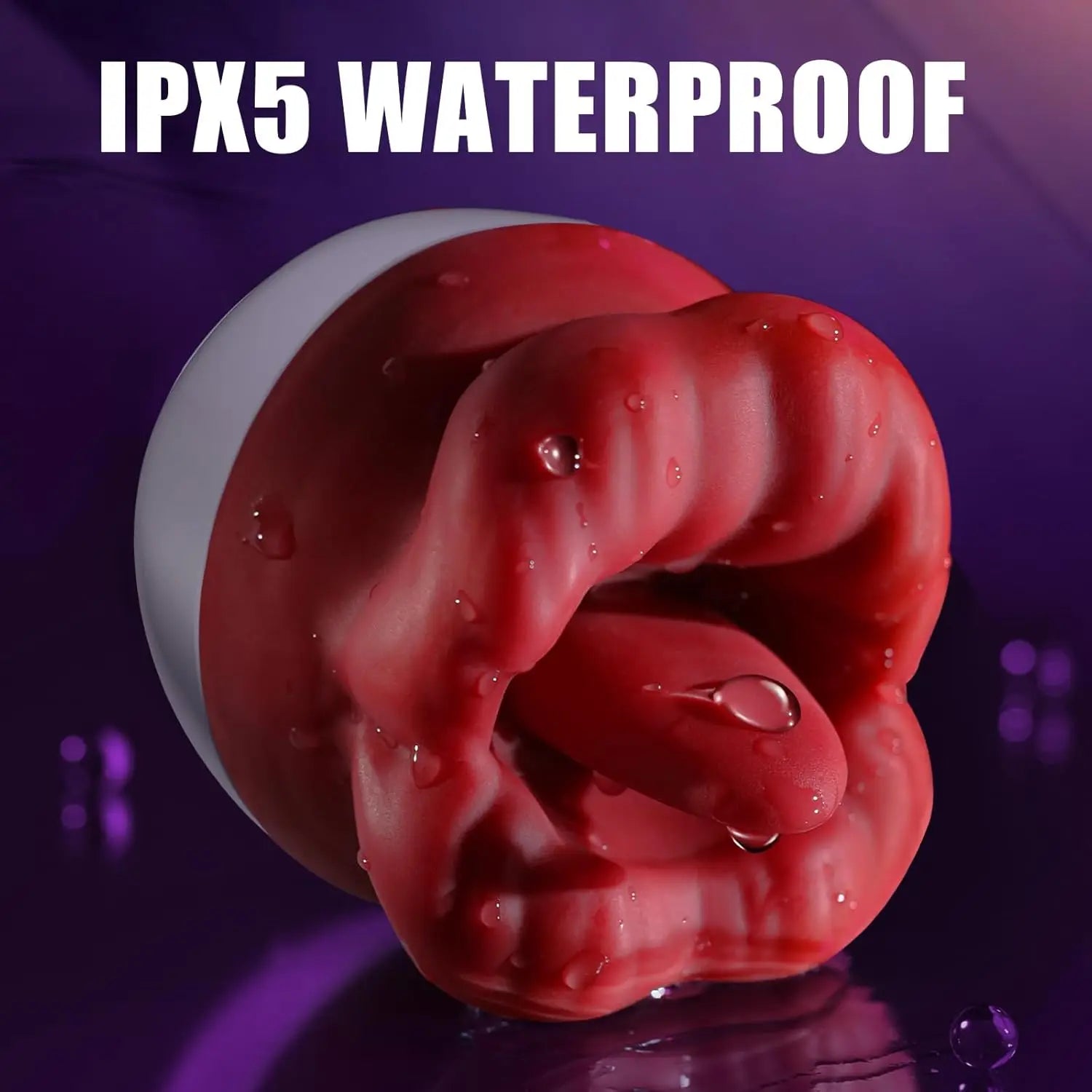 Red silicone product with water droplets on a purple background, labeled 'IPX5 Waterproof'.