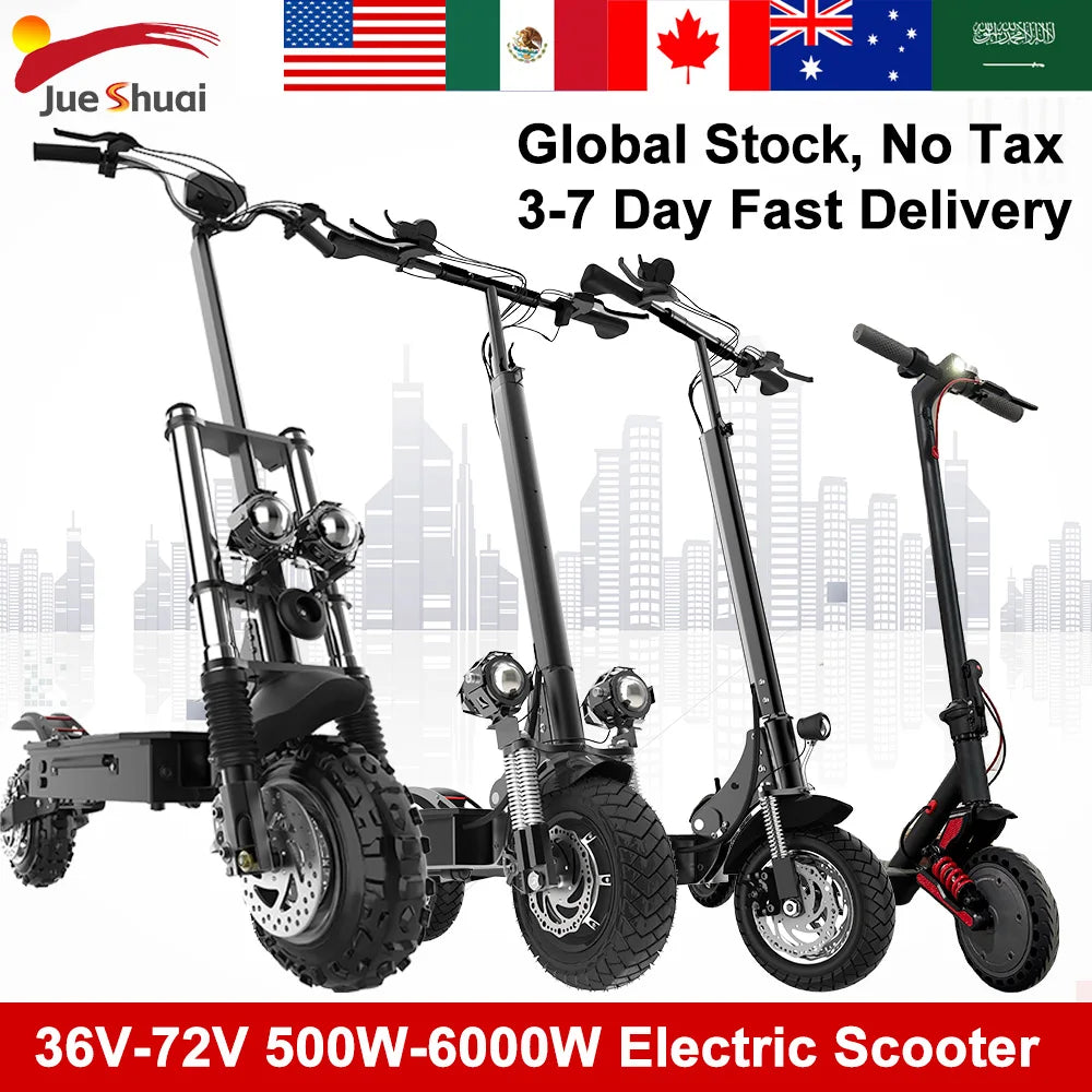 Electric scooters with a cityscape background and promotional text about global stock and fast delivery.