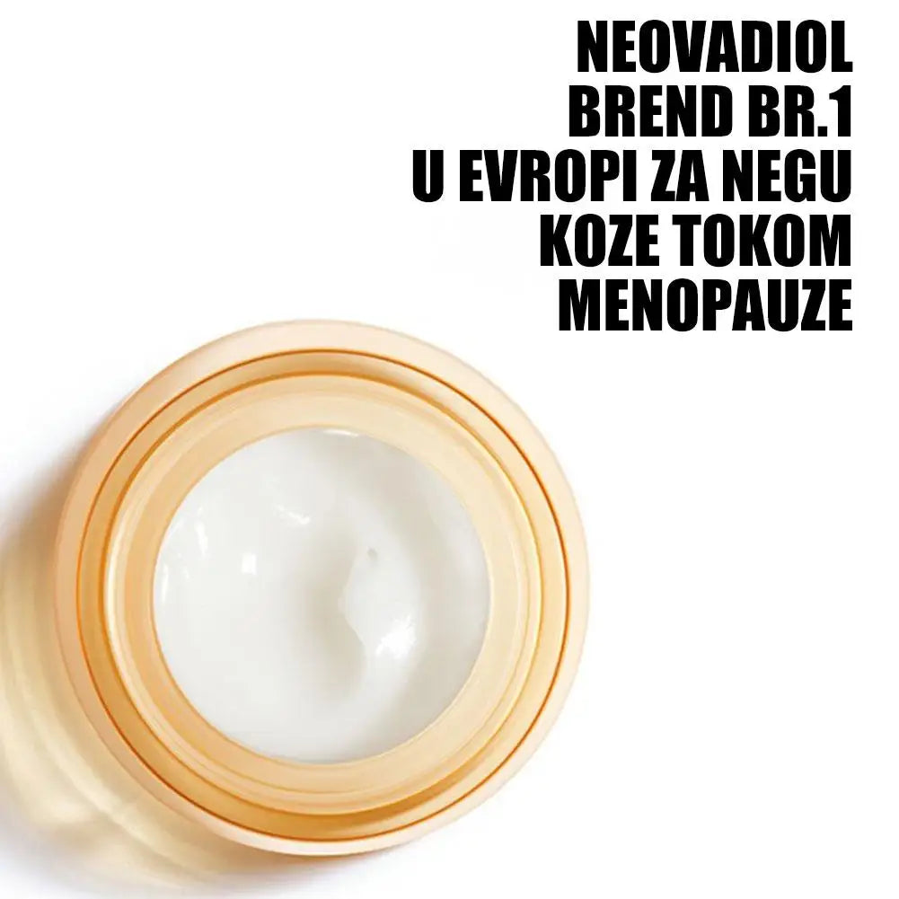 Jar of cream with text about Neovadiol brand in Europe for menopause skin care on a white background