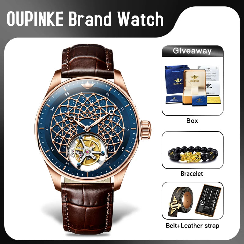 A luxury men's watch by OUPINKE, featuring a rose gold case, a blue dial with a gold geometric sunburst pattern, and a brown leather strap. The main watch is displayed on the left, while three smaller inset boxes on the right show included gift contents: the packaging box, a black and gold bracelet, and a matching brown leather belt.