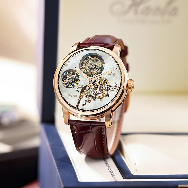 Haofa Double Tourbillon Manual Mechanical Watches For Men Shell Carving Taurus Blessing Crocodile Strap Stainless Steel Case 005