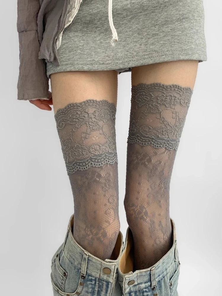 Women's Lace Trim Fishnet Thigh High Socks Over Knee