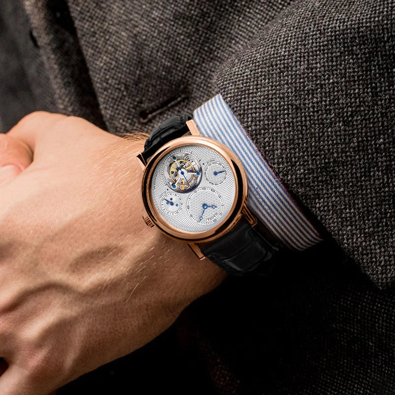 18K Solid Gold Luxury Tourbillon Watch for Men Multi-layered Textured Dial Manual Mechanical Watch Sapphire Business K009