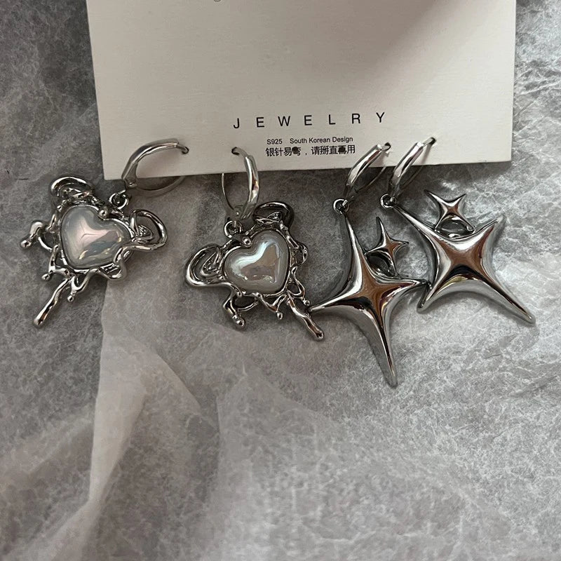 Silver Star & Opal Heart Hoop Earrings Women