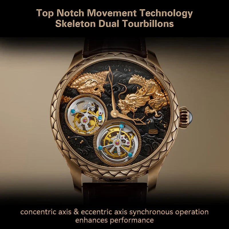 Doppel-Tourbillon, mechanische Armbanduhr mit Handaufzug, 18K Roségold