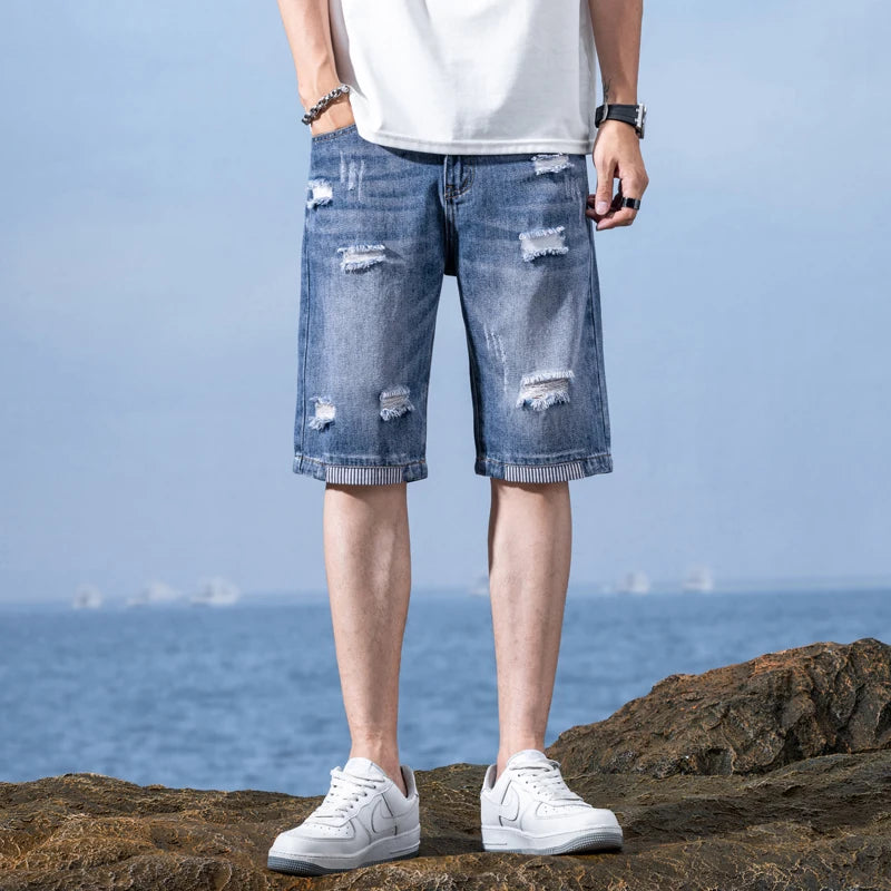 Men's Ripped Denim Shorts  Retro Biker Shorts Casual
