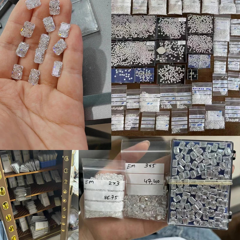 Collage of diamond samples held by a hand, displayed in boxes, and arranged on shelves.