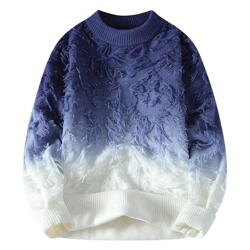Blue and white sweater with lace overlay on a white background