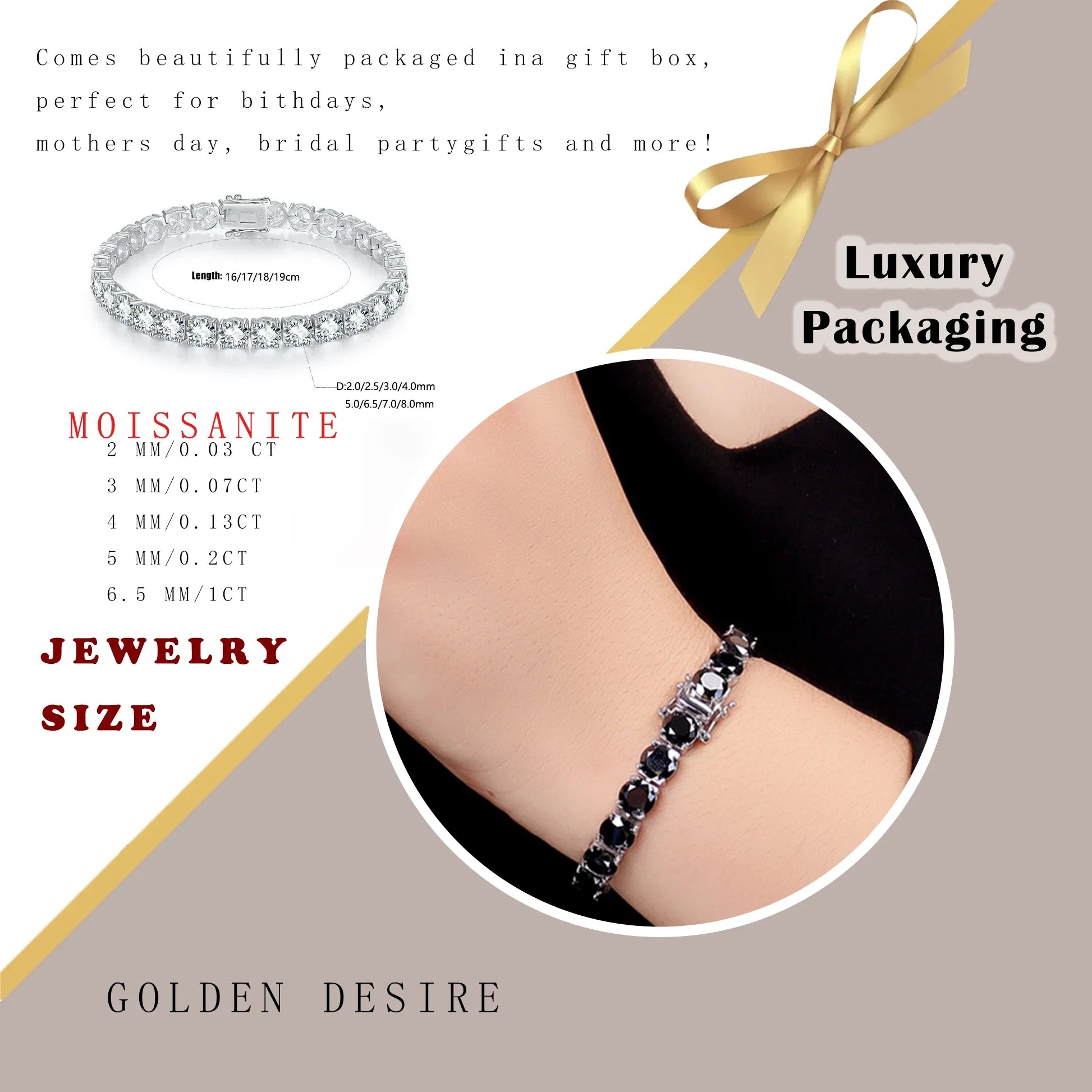 Bracelet with moissanite stones on a beige background with text about packaging and jewelry size.