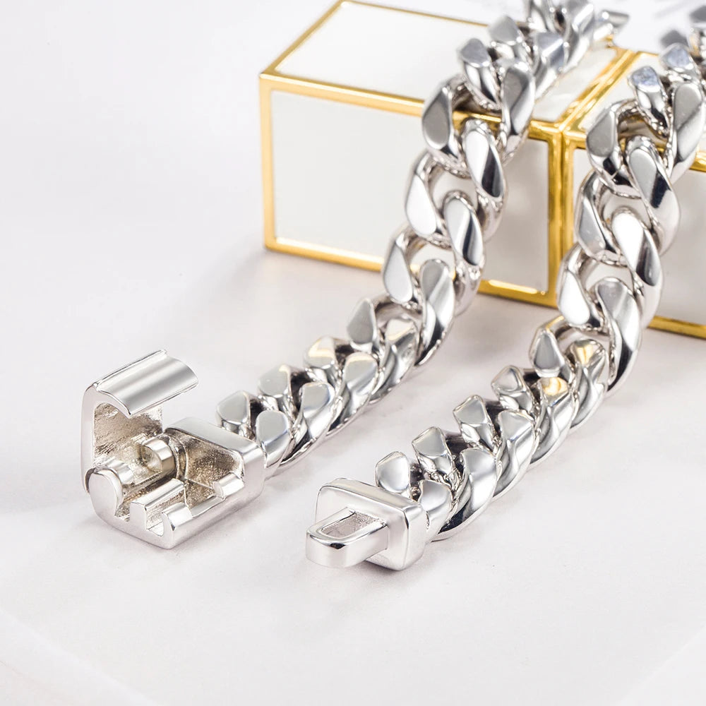 12mm Curb Cuban Chain Necklaces 925 Sterling Silver Link Chain Solid Silver