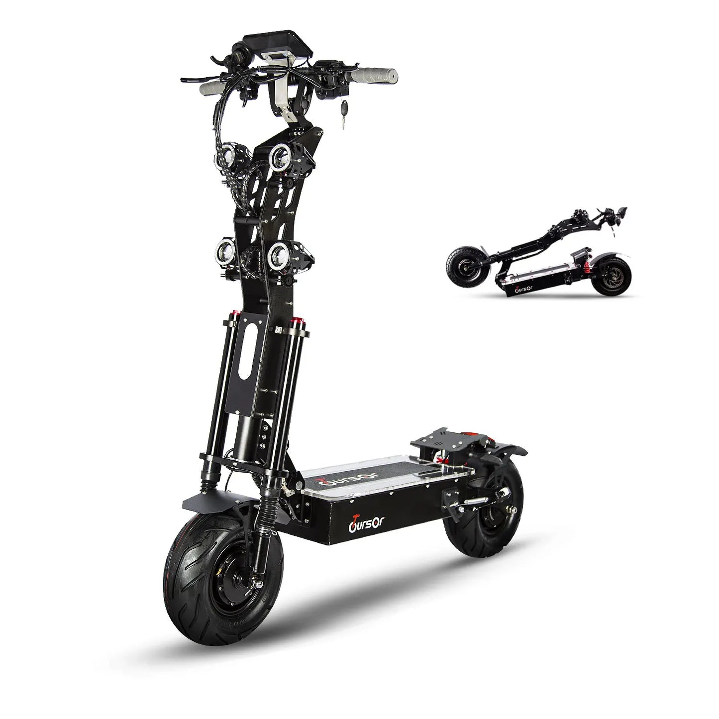 Black electric scooter with folded scooter inset on a white background