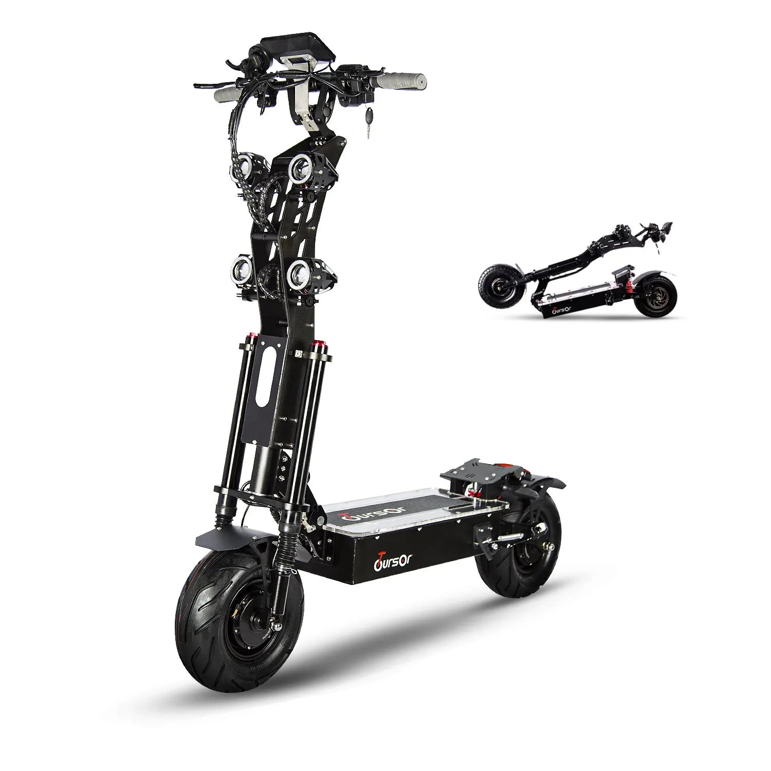 Black electric scooter with folded scooter inset on a white background