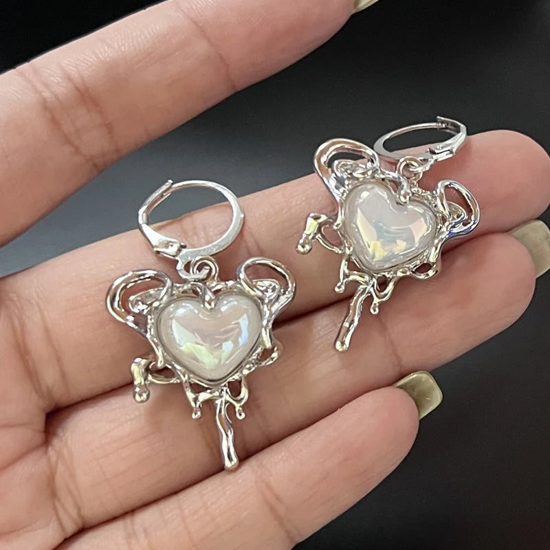 Silver Star & Opal Heart Hoop Earrings Women