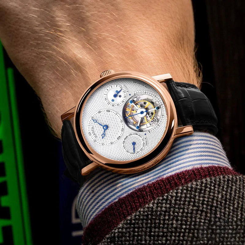 18K Solid Gold Luxury Tourbillon Watch for Men Multi-layered Textured Dial Manual Mechanical Watch Sapphire Business K009