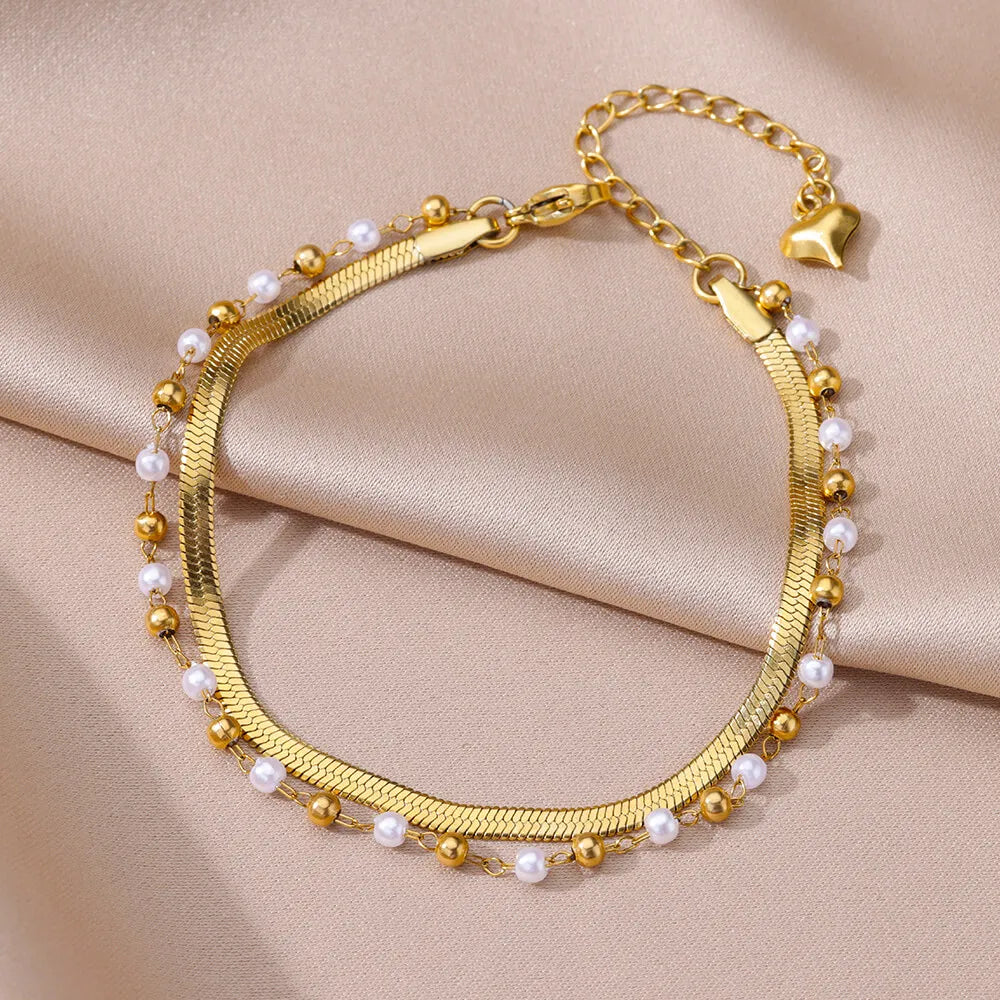 Gold Pearl Chain Anklet – Stainless Steel Beach Bodychain
