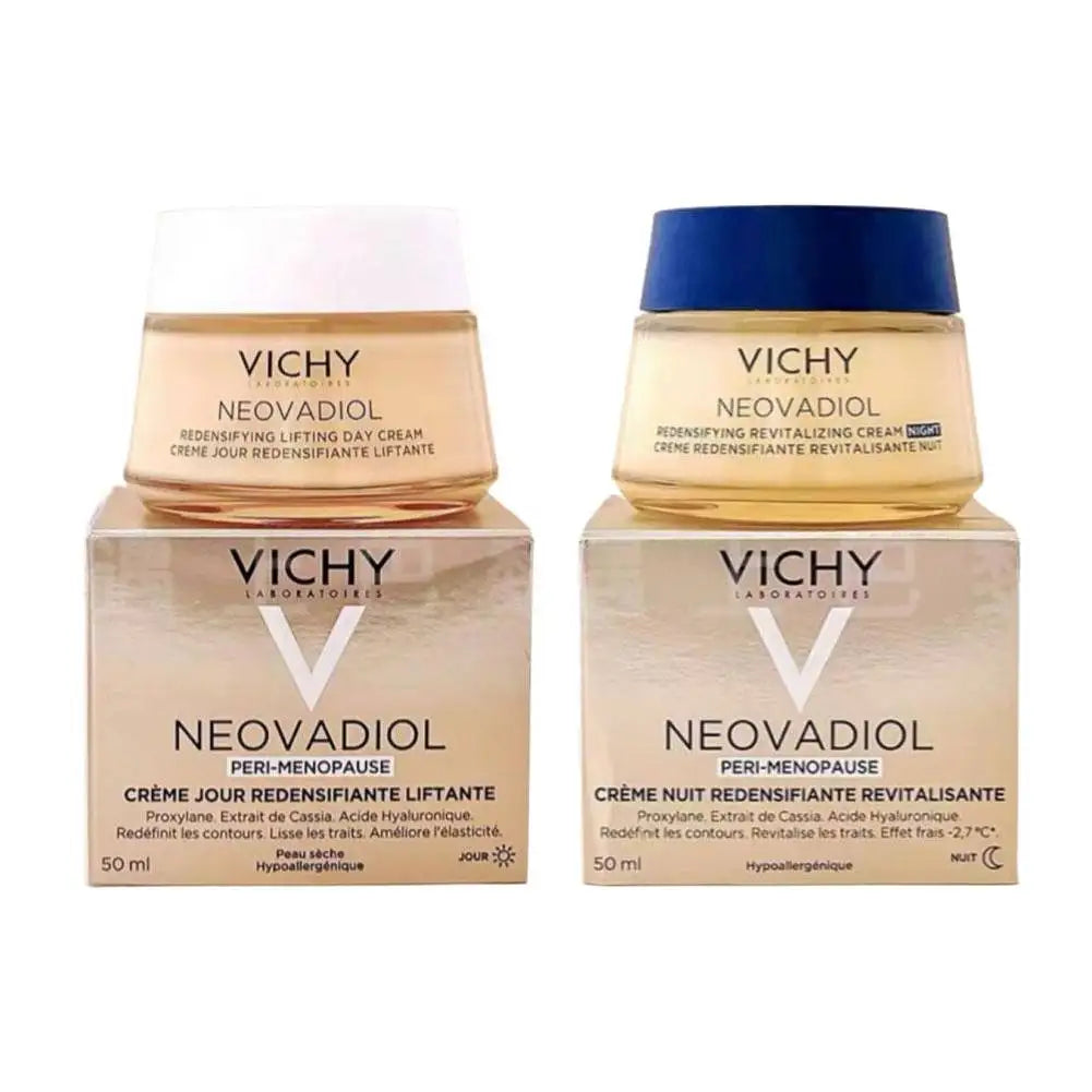Vichy Neovadiol skincare products including jars and boxes on a white background
