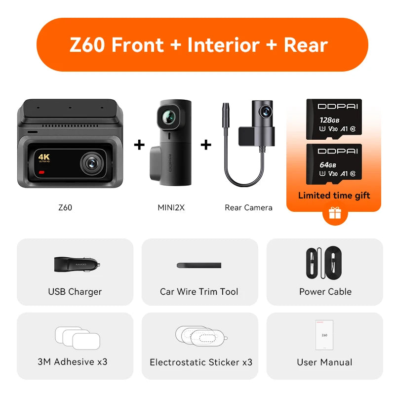 3-Channel Dash Cam GPS WiFi ADAS 24H Parking Monitor