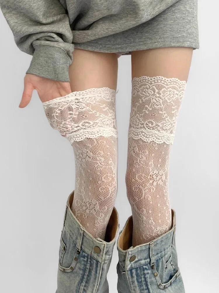 Women's Lace Trim Fishnet Thigh High Socks Over Knee