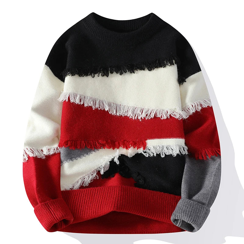 Patchwork Fringe Knit Pullover | Round Neck Sweater